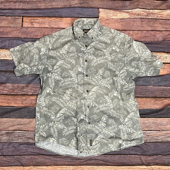 Woolrich Gray Leaf Print Short Sleeve Mens Button Down Shirt - Picture 1 of 5